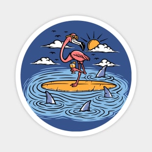 Funny Cartoon Flamingo Surrounded by Sharks Magnet